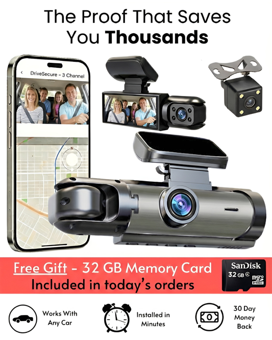 DriveSecure 3-Channel 1080p HD Front, Cabin, and Rear Dash Cam